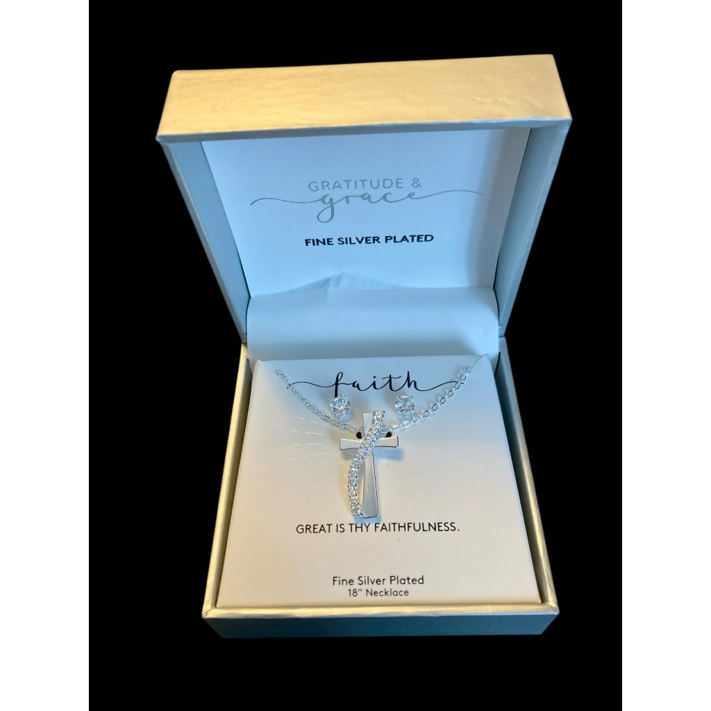 Gratitude & Grace Silver Plated Cross Necklace & Earrings Set -122